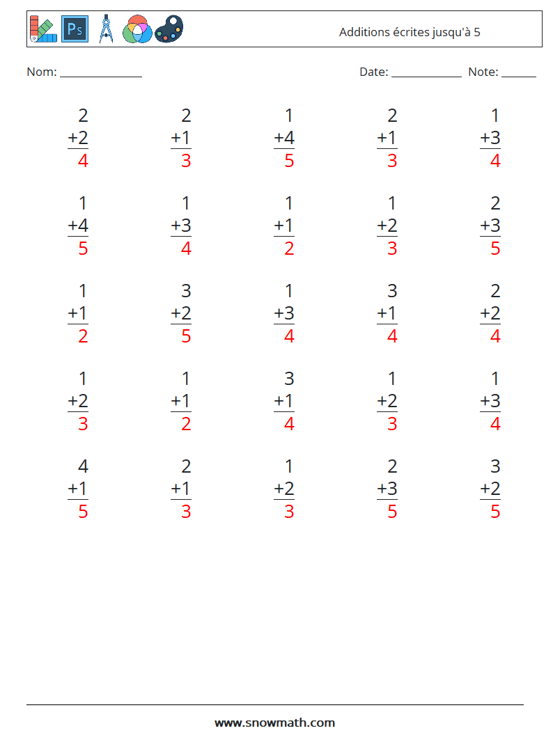 (25) Additions écrites jusqu'à 5 Fiches d'Exercices de Mathématiques 8 Question, Réponse