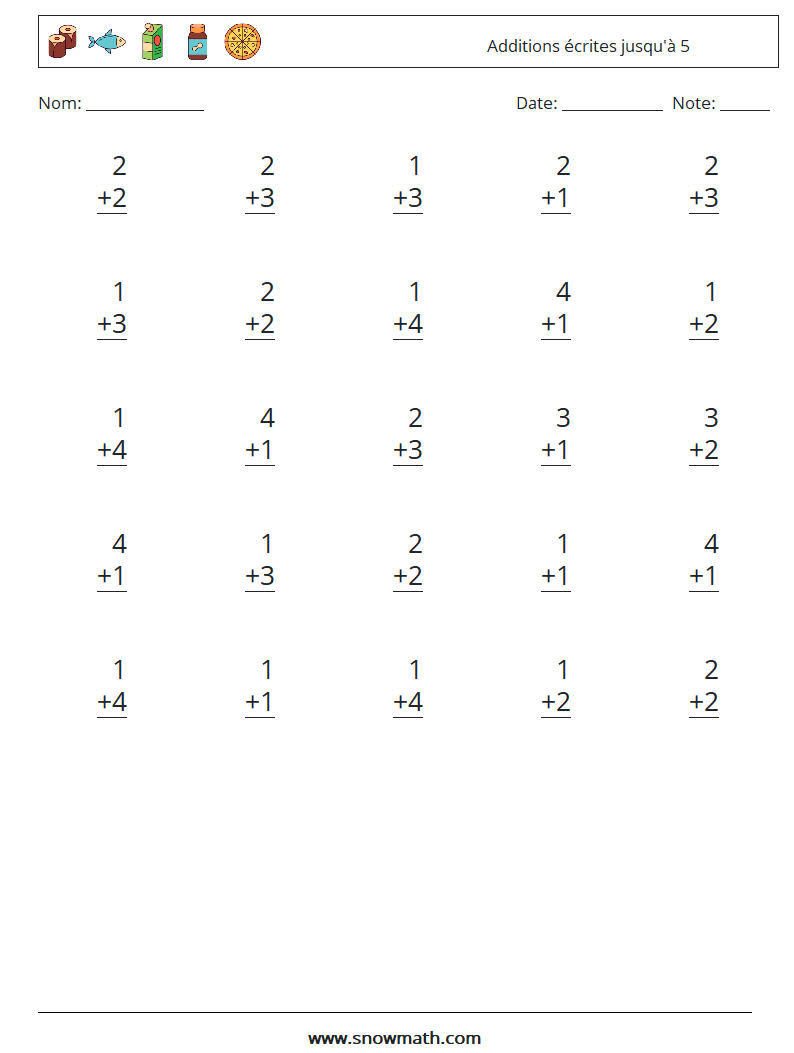 (25) Additions écrites jusqu'à 5 Fiches d'Exercices de Mathématiques 9