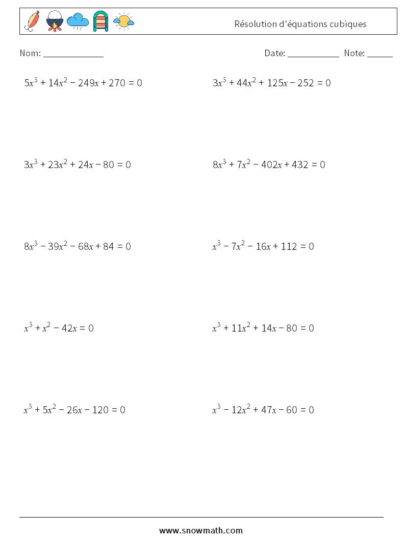 Résolution d'équations cubiques Fiches d'Exercices de Mathématiques 4