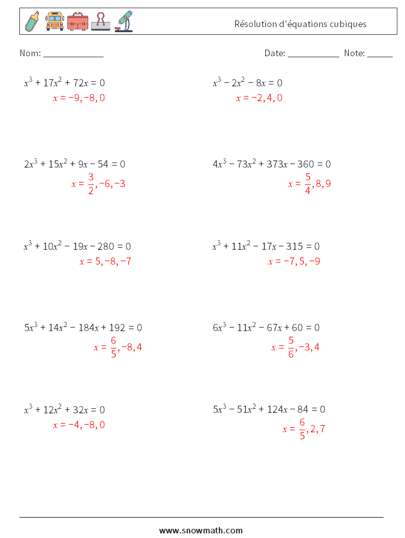 Résolution d'équations cubiques Fiches d'Exercices de Mathématiques 6 Question, Réponse