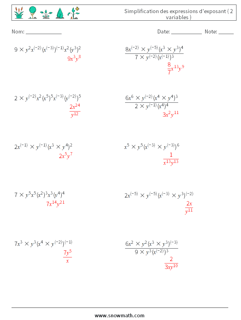 Simplification des expressions d'exposant ( 2 variables ) Fiches d'Exercices de Mathématiques 1 Question, Réponse
