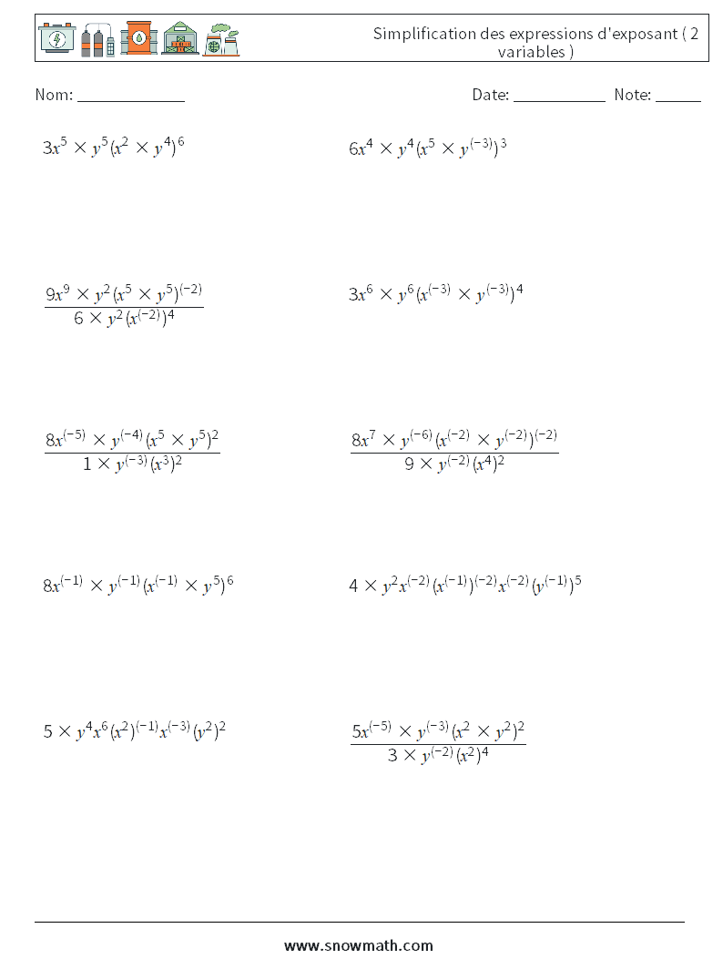  Simplification des expressions d'exposant ( 2 variables ) Fiches d'Exercices de Mathématiques 2