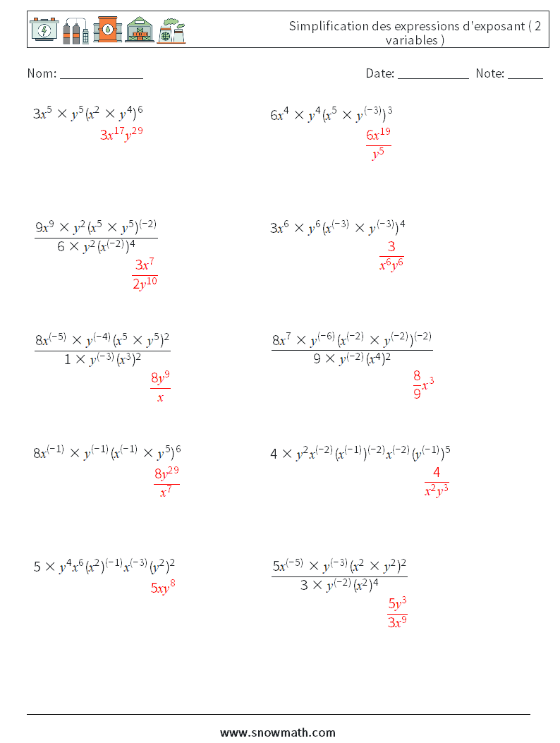  Simplification des expressions d'exposant ( 2 variables ) Fiches d'Exercices de Mathématiques 2 Question, Réponse
