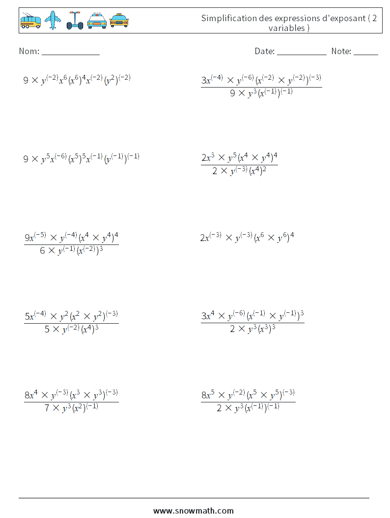  Simplification des expressions d'exposant ( 2 variables ) Fiches d'Exercices de Mathématiques 3