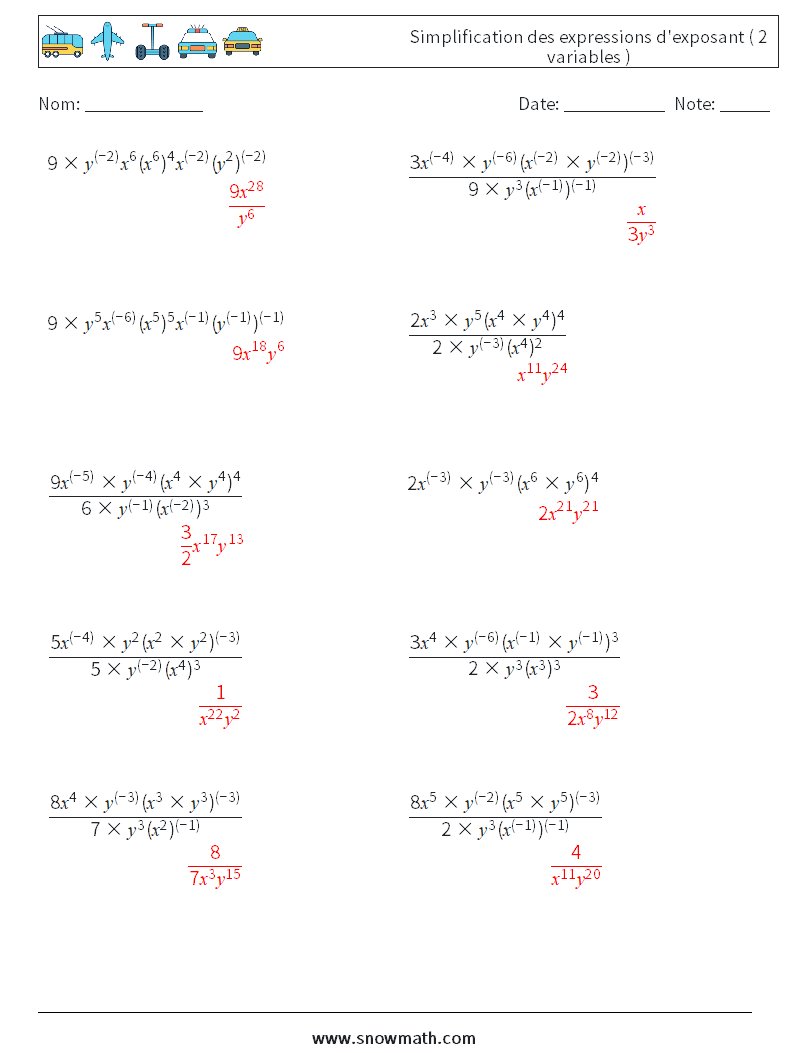  Simplification des expressions d'exposant ( 2 variables ) Fiches d'Exercices de Mathématiques 3 Question, Réponse