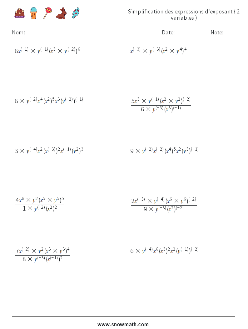  Simplification des expressions d'exposant ( 2 variables ) Fiches d'Exercices de Mathématiques 4