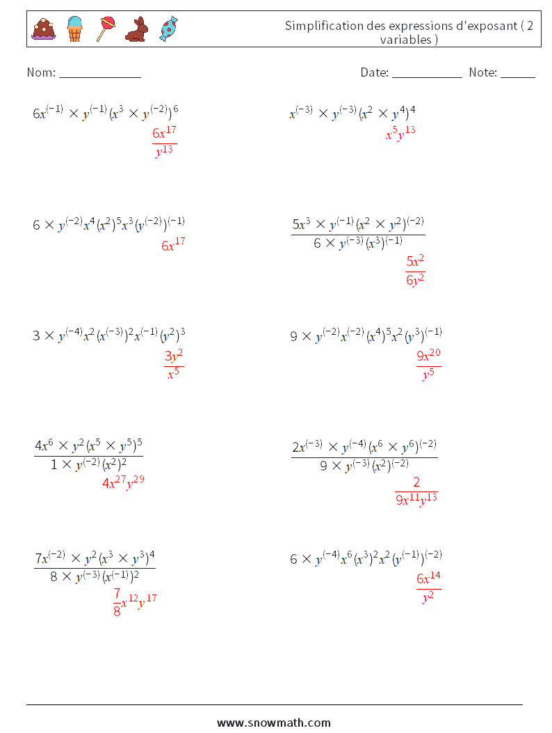  Simplification des expressions d'exposant ( 2 variables ) Fiches d'Exercices de Mathématiques 4 Question, Réponse