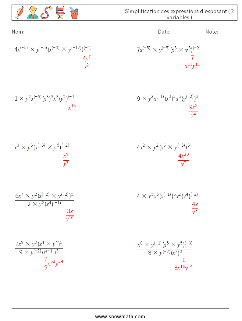  Simplification des expressions d'exposant ( 2 variables ) Fiches d'Exercices de Mathématiques 5 Question, Réponse
