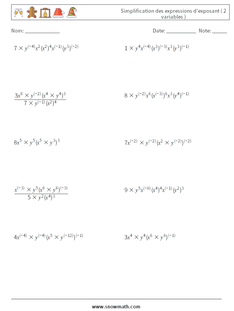  Simplification des expressions d'exposant ( 2 variables ) Fiches d'Exercices de Mathématiques 6