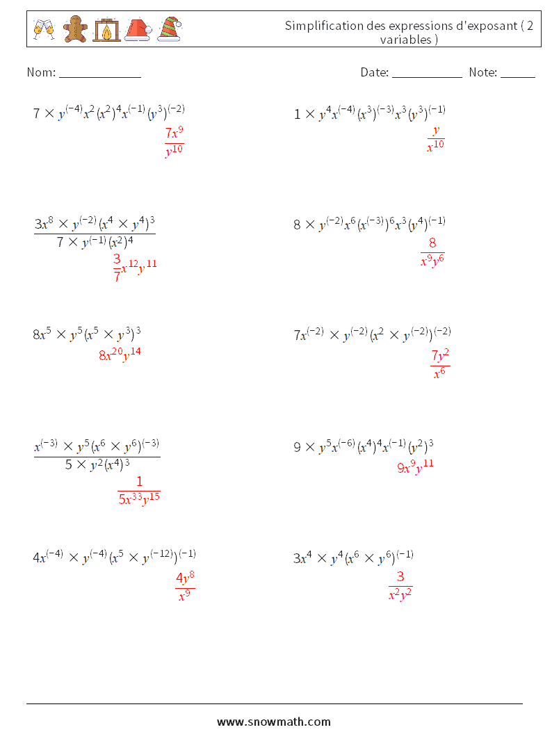  Simplification des expressions d'exposant ( 2 variables ) Fiches d'Exercices de Mathématiques 6 Question, Réponse