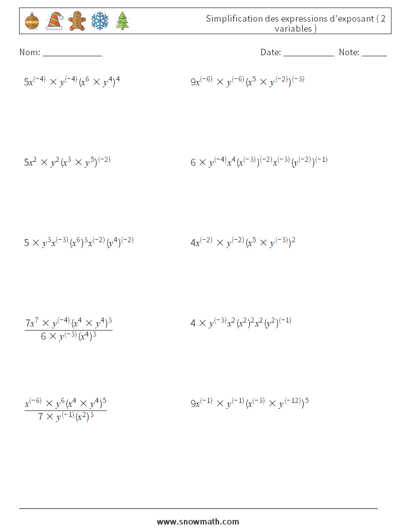  Simplification des expressions d'exposant ( 2 variables ) Fiches d'Exercices de Mathématiques 7