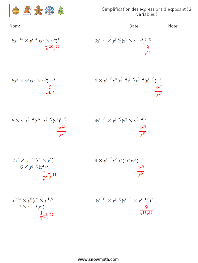  Simplification des expressions d'exposant ( 2 variables ) Fiches d'Exercices de Mathématiques 7 Question, Réponse