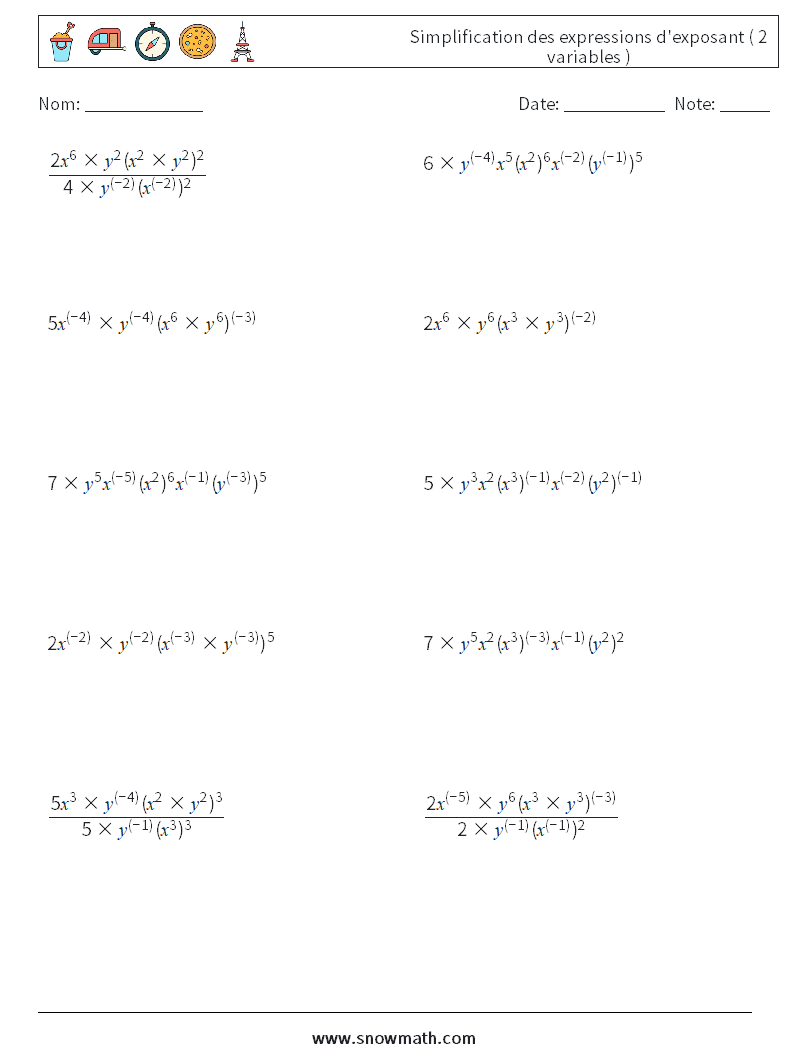  Simplification des expressions d'exposant ( 2 variables ) Fiches d'Exercices de Mathématiques 8