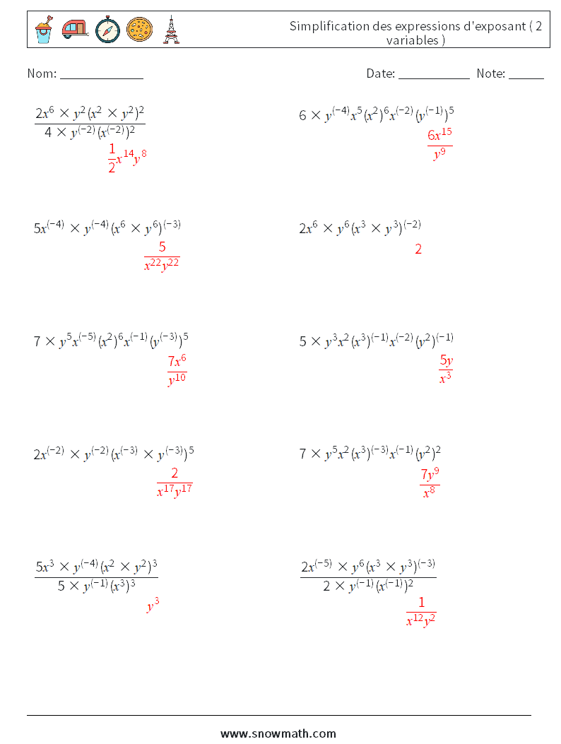  Simplification des expressions d'exposant ( 2 variables ) Fiches d'Exercices de Mathématiques 8 Question, Réponse