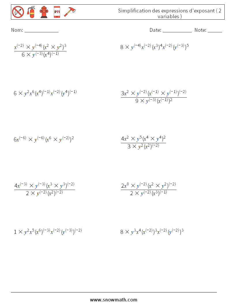  Simplification des expressions d'exposant ( 2 variables ) Fiches d'Exercices de Mathématiques 9