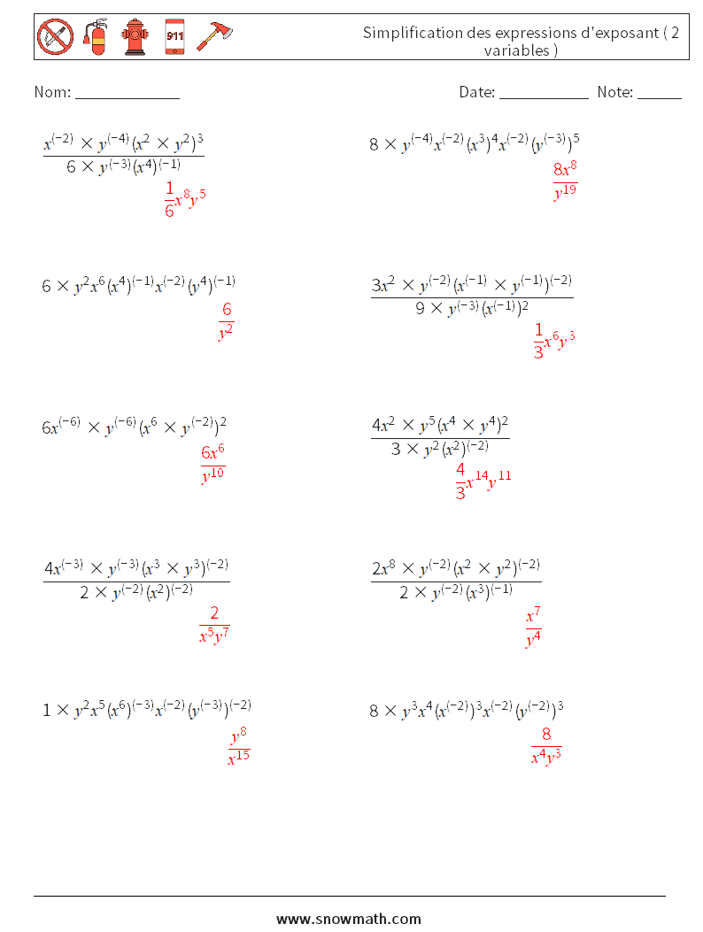  Simplification des expressions d'exposant ( 2 variables ) Fiches d'Exercices de Mathématiques 9 Question, Réponse