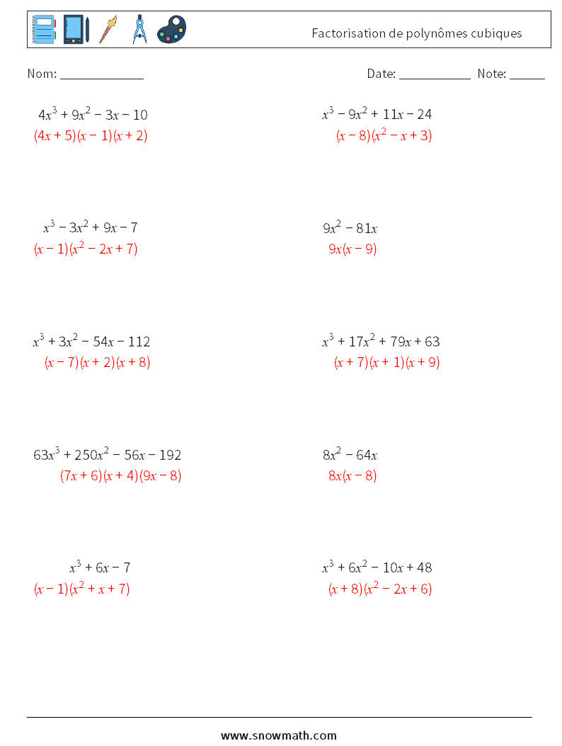 Factorisation de polynômes cubiques Fiches d'Exercices de Mathématiques 1 Question, Réponse