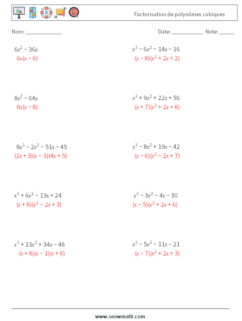 Factorisation de polynômes cubiques Fiches d'Exercices de Mathématiques 3 Question, Réponse