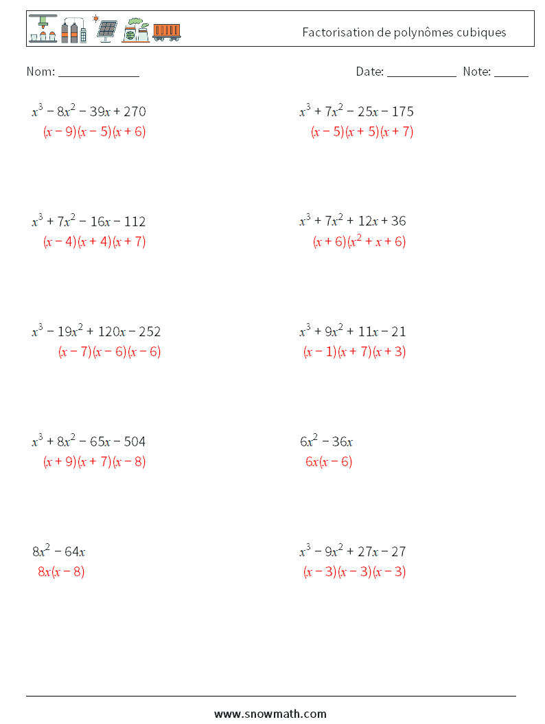 Factorisation de polynômes cubiques Fiches d'Exercices de Mathématiques 5 Question, Réponse
