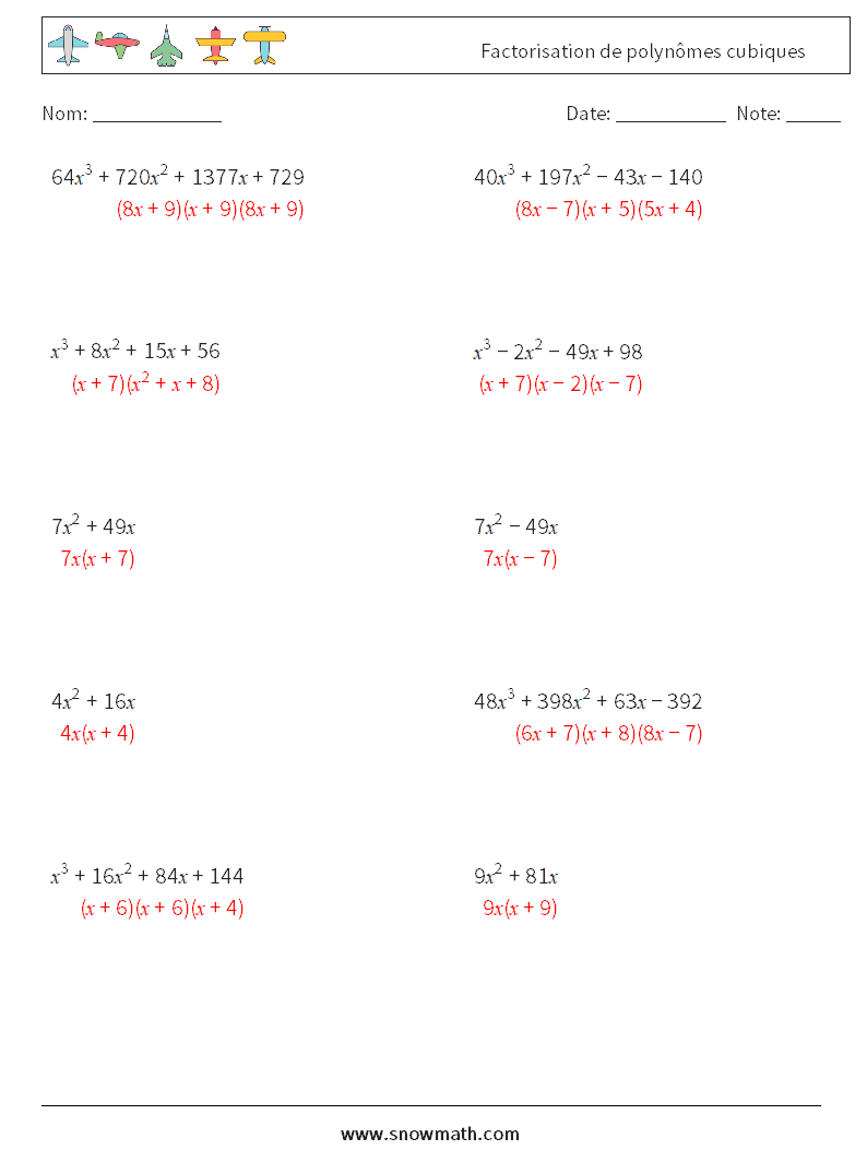Factorisation de polynômes cubiques Fiches d'Exercices de Mathématiques 6 Question, Réponse