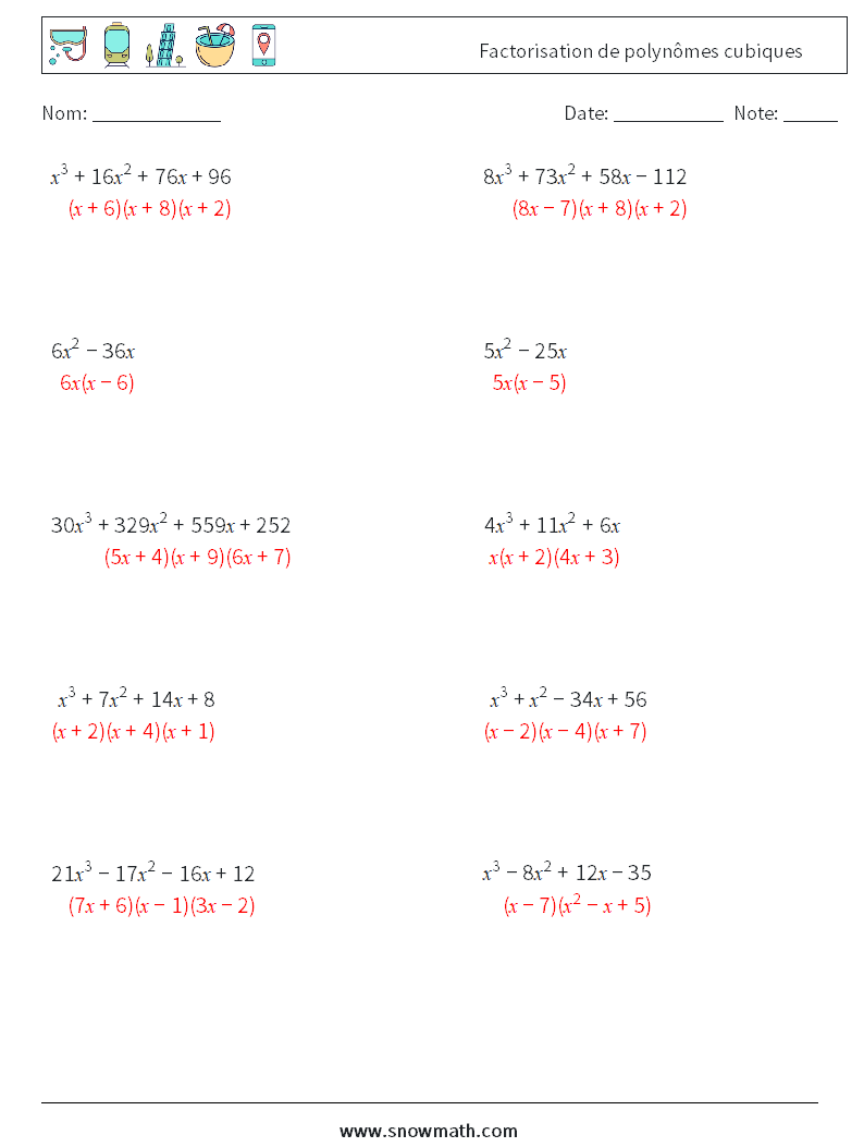 Factorisation de polynômes cubiques Fiches d'Exercices de Mathématiques 9 Question, Réponse