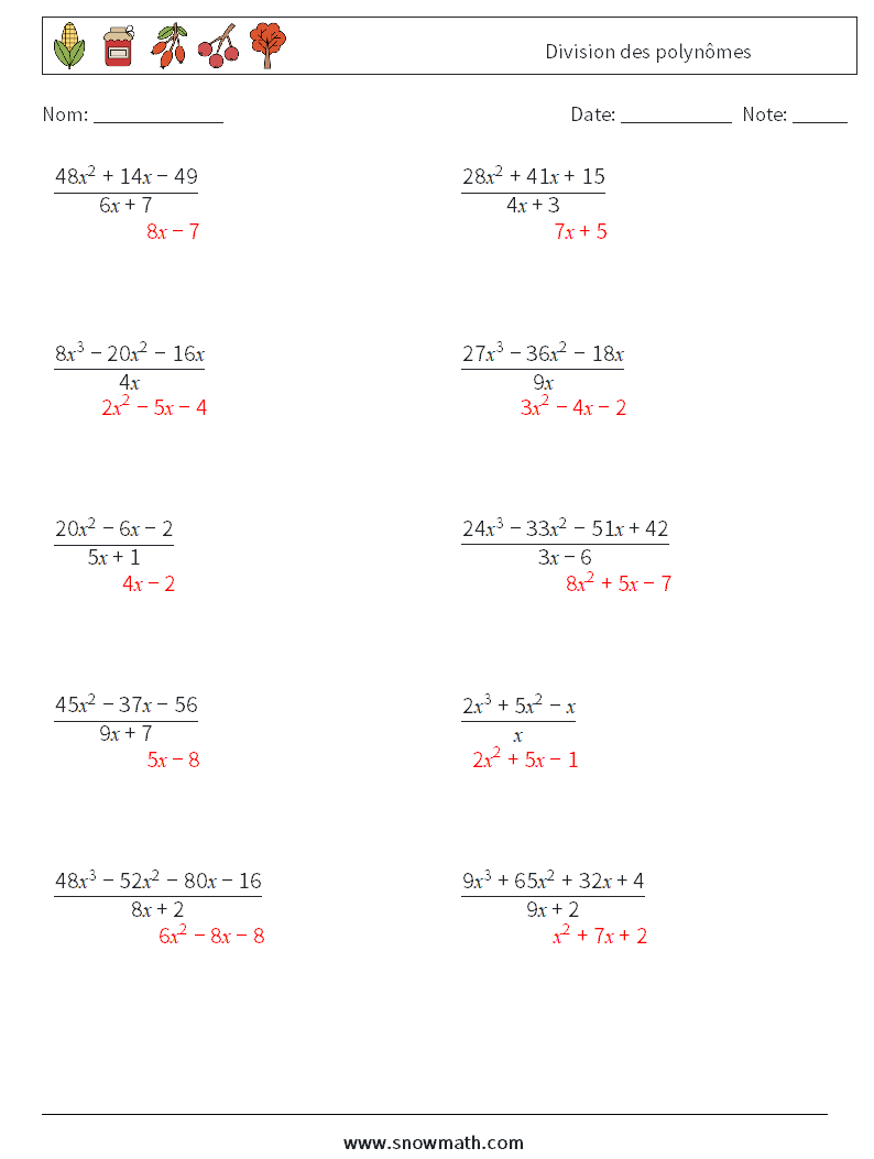Division des polynômes Fiches d'Exercices de Mathématiques 1 Question, Réponse