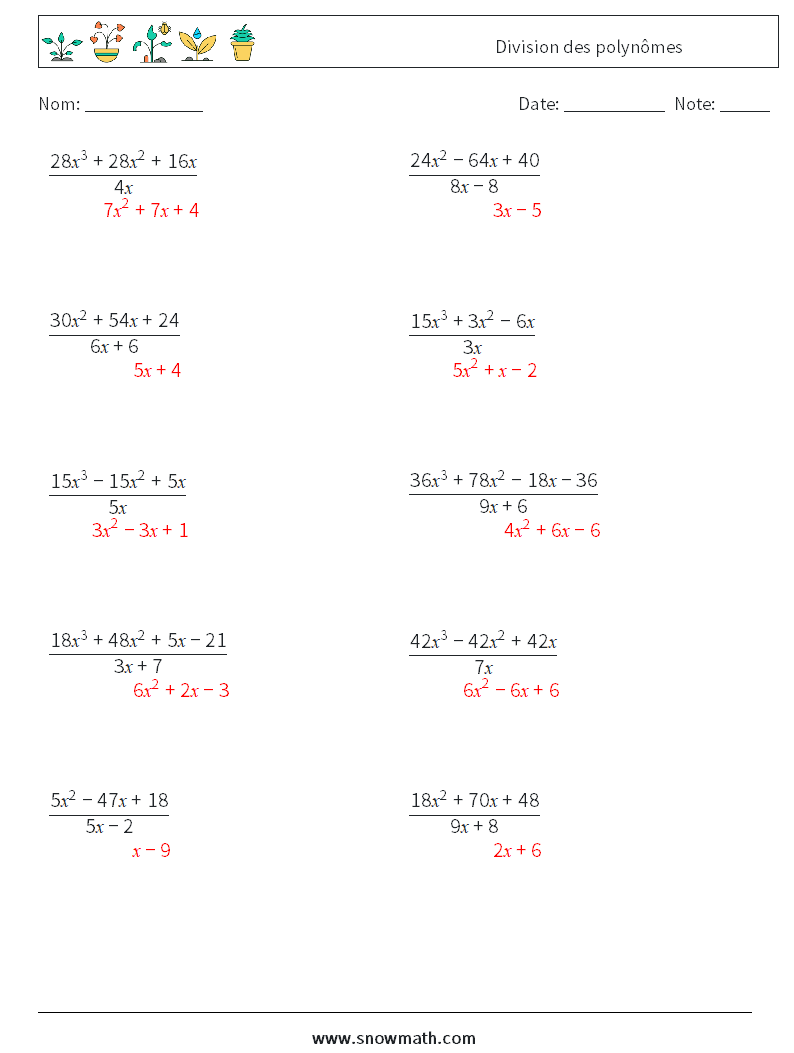 Division des polynômes Fiches d'Exercices de Mathématiques 5 Question, Réponse