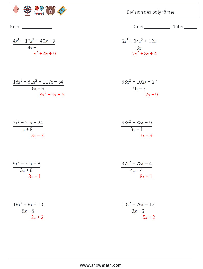 Division des polynômes Fiches d'Exercices de Mathématiques 6 Question, Réponse