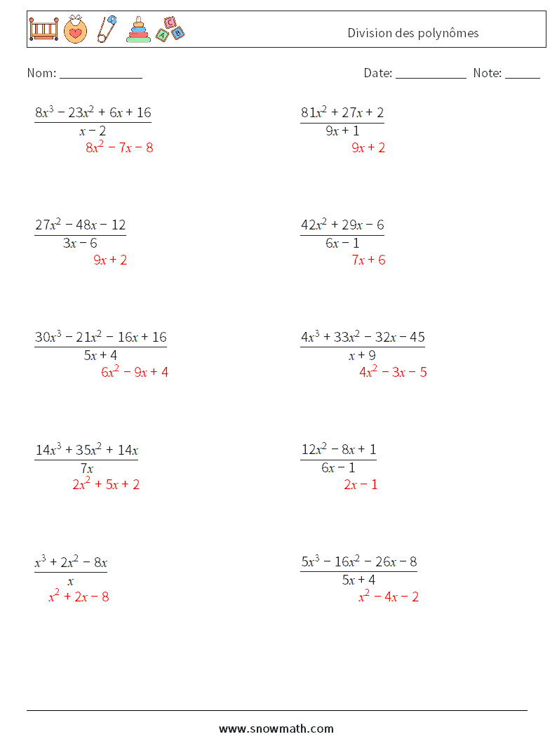 Division des polynômes Fiches d'Exercices de Mathématiques 7 Question, Réponse