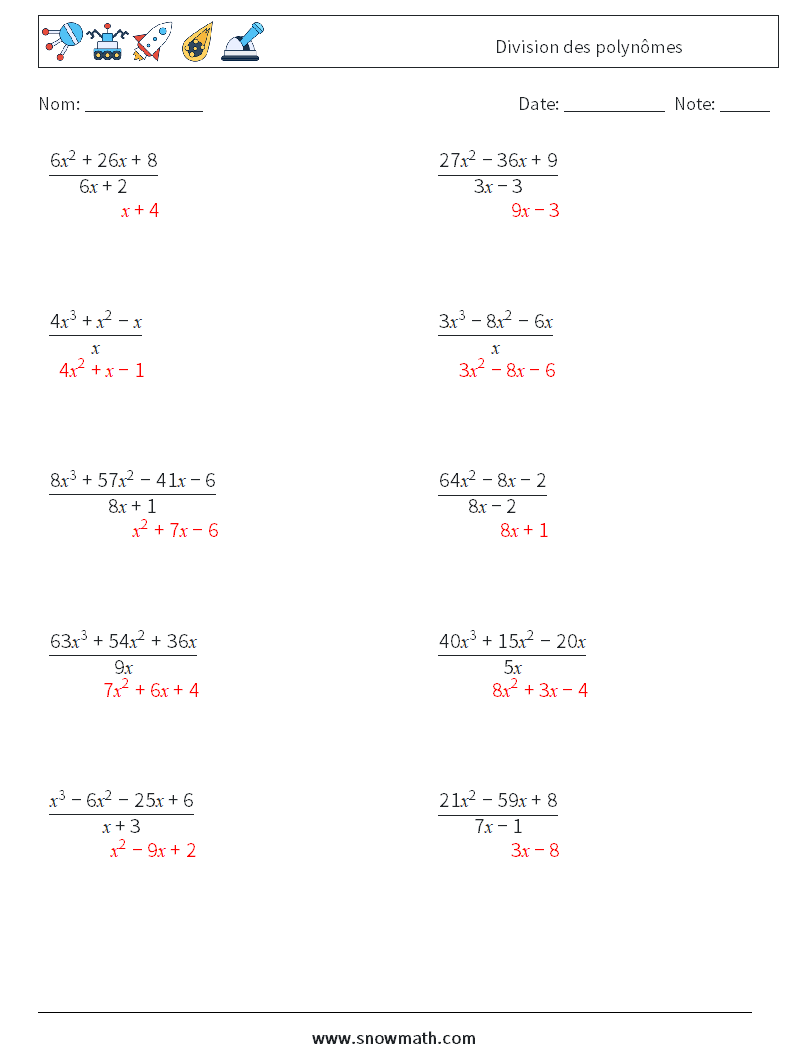Division des polynômes Fiches d'Exercices de Mathématiques 9 Question, Réponse