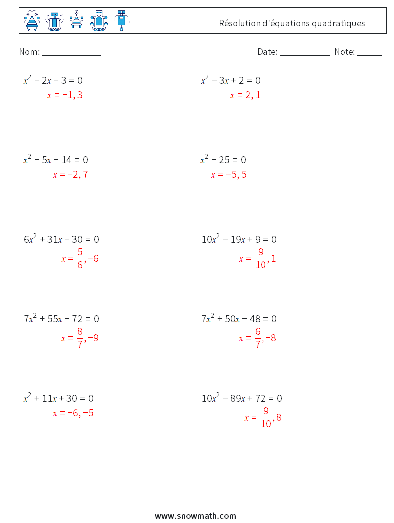 Résolution d'équations quadratiques Fiches d'Exercices de Mathématiques 1 Question, Réponse