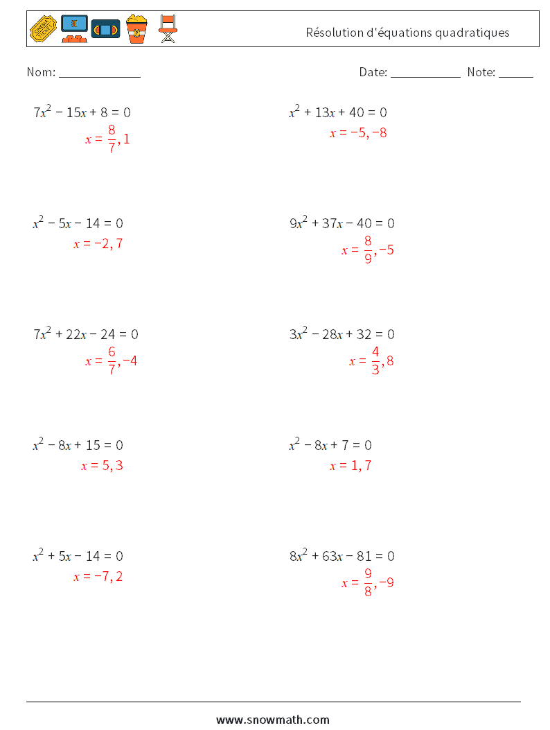 Résolution d'équations quadratiques Fiches d'Exercices de Mathématiques 2 Question, Réponse