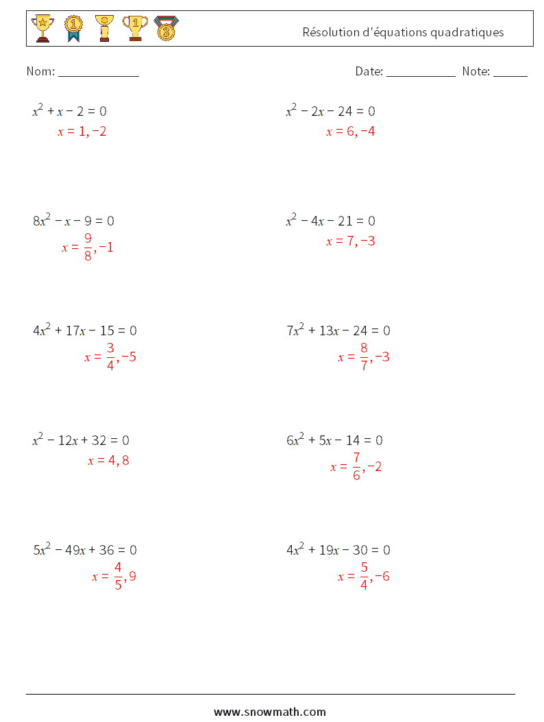 Résolution d'équations quadratiques Fiches d'Exercices de Mathématiques 3 Question, Réponse