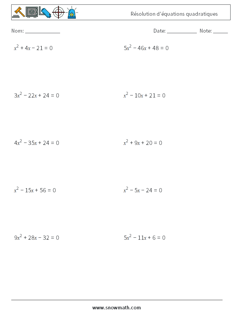 Résolution d'équations quadratiques Fiches d'Exercices de Mathématiques 4