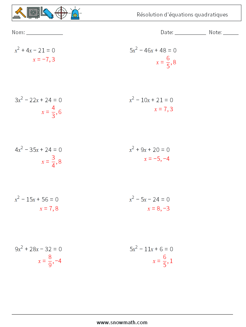 Résolution d'équations quadratiques Fiches d'Exercices de Mathématiques 4 Question, Réponse