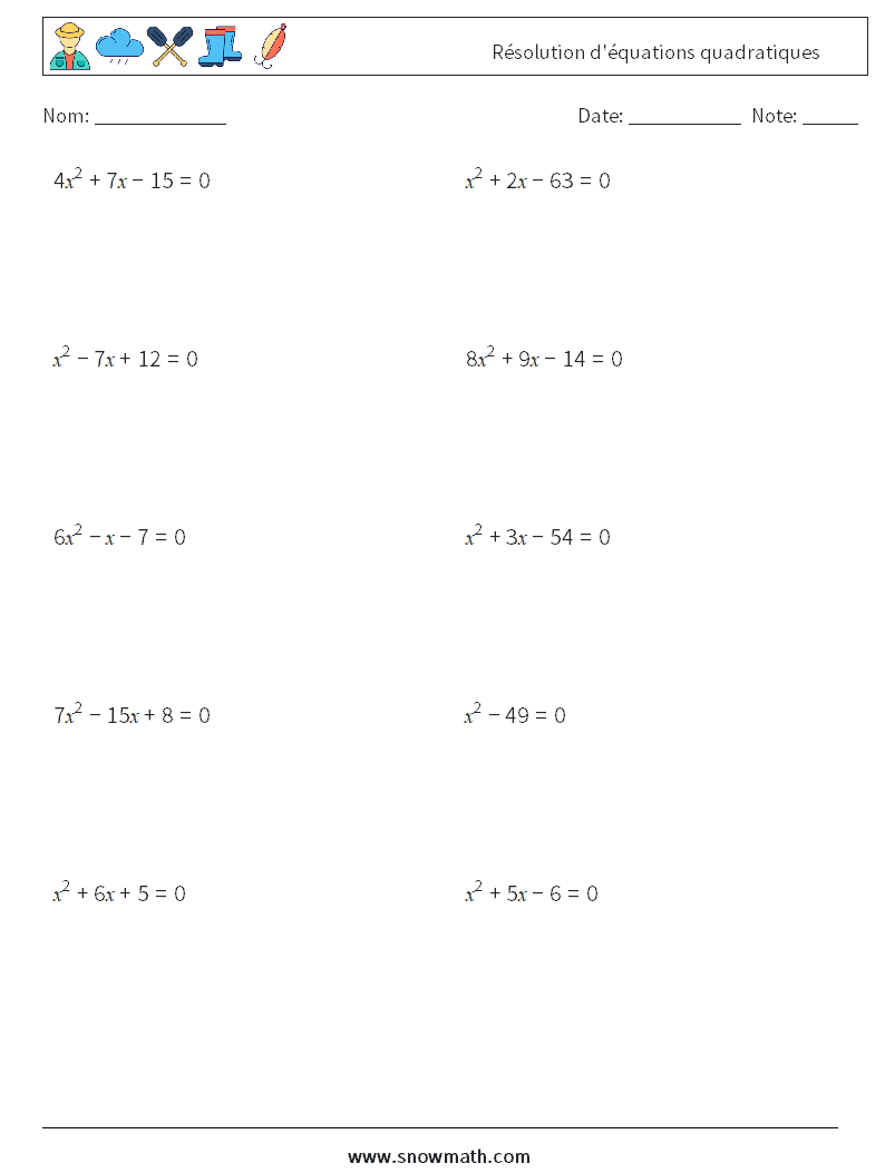 Résolution d'équations quadratiques Fiches d'Exercices de Mathématiques 5