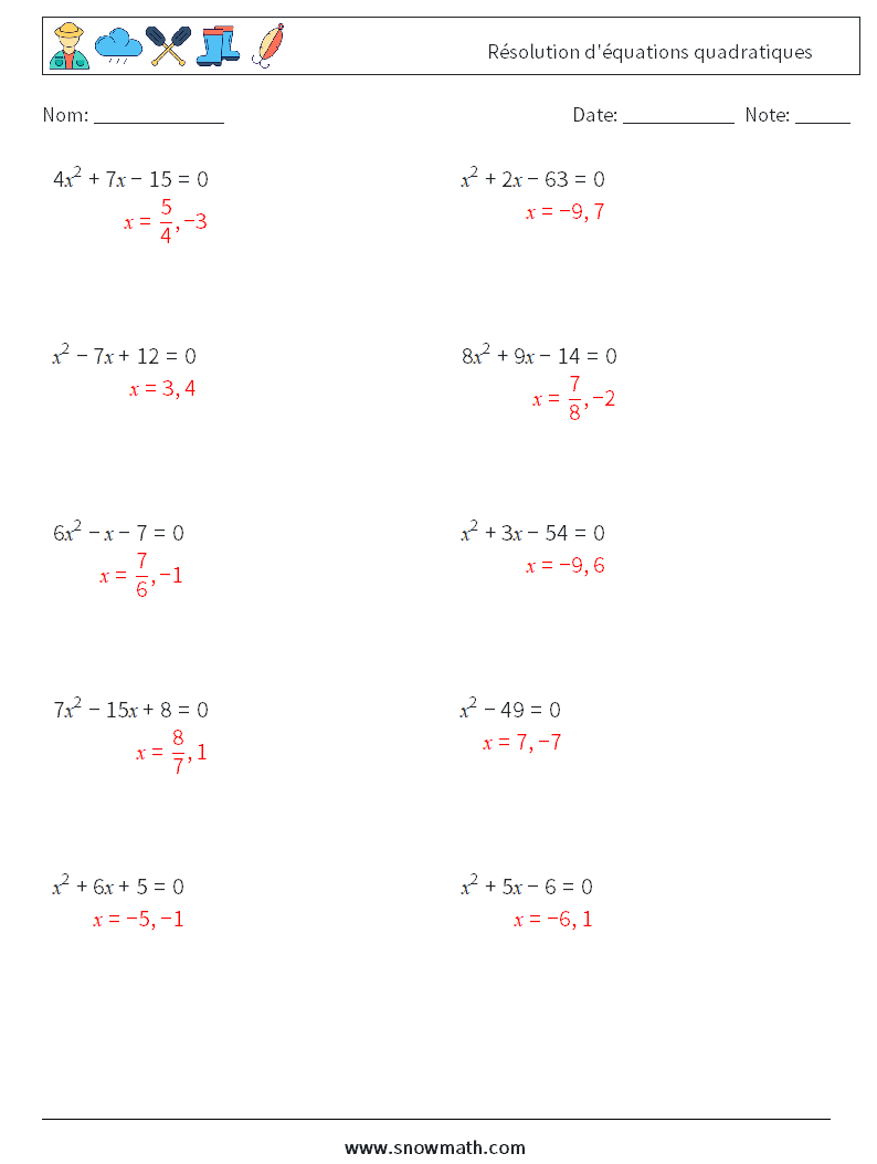 Résolution d'équations quadratiques Fiches d'Exercices de Mathématiques 5 Question, Réponse