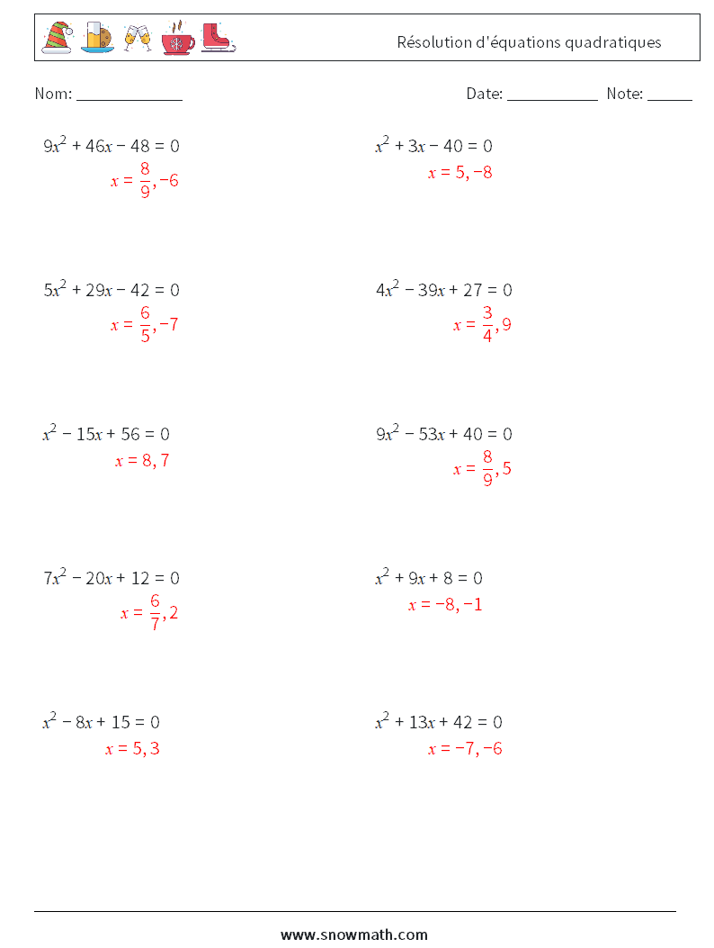 Résolution d'équations quadratiques Fiches d'Exercices de Mathématiques 6 Question, Réponse