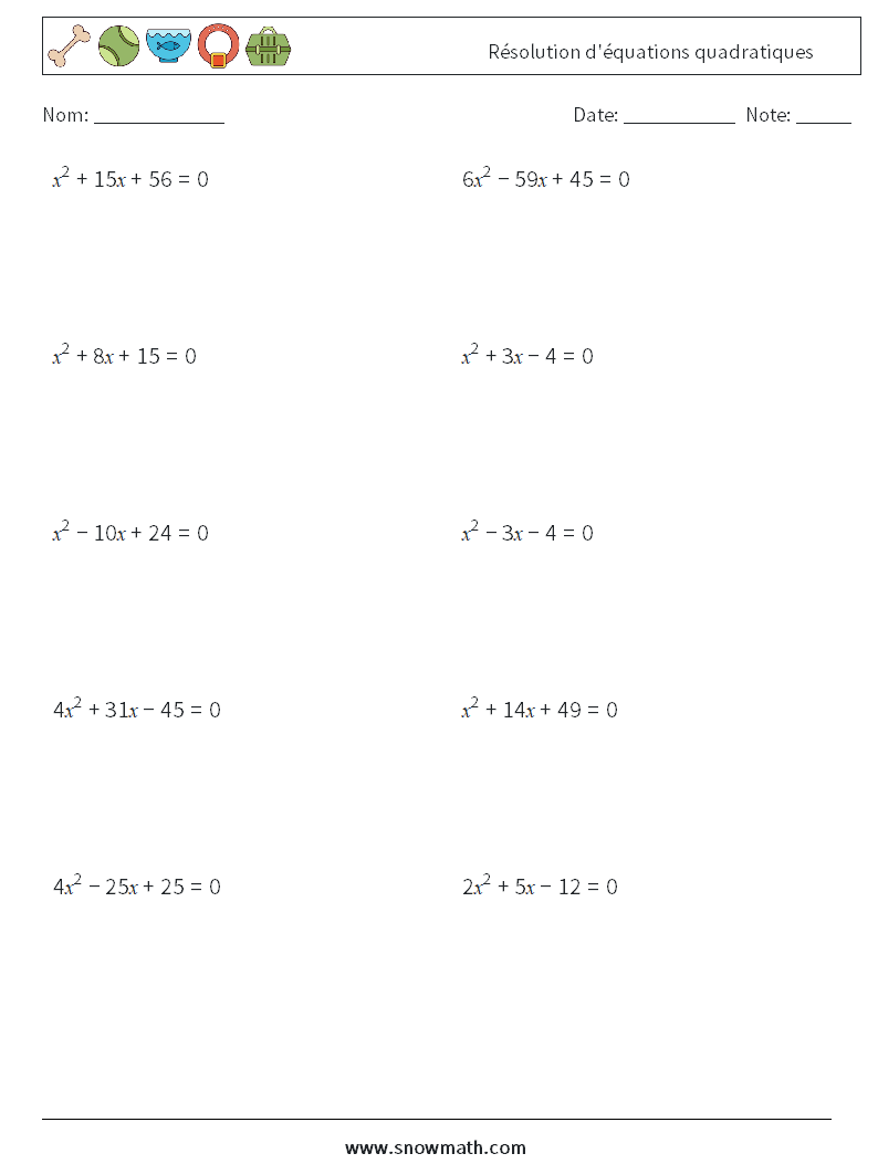 Résolution d'équations quadratiques Fiches d'Exercices de Mathématiques 8