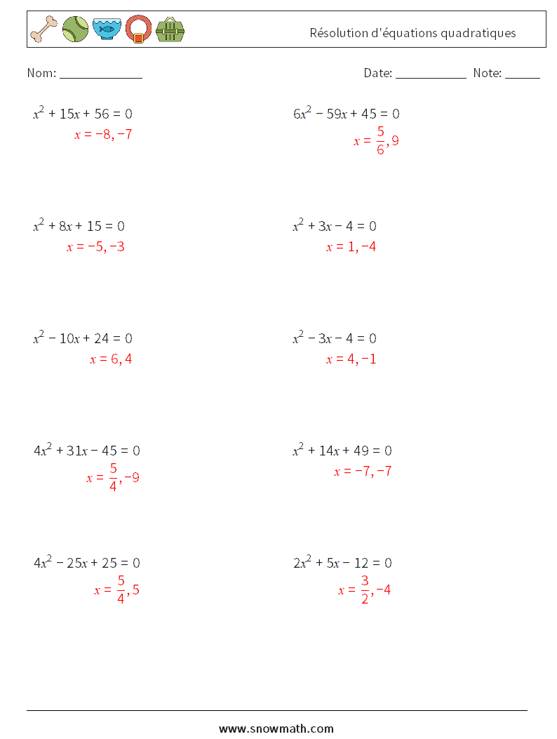 Résolution d'équations quadratiques Fiches d'Exercices de Mathématiques 8 Question, Réponse