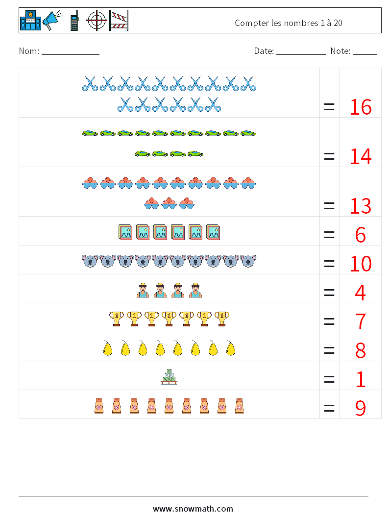 Compter les nombres 1 à 20 Fiches d'Exercices de Mathématiques 11 Question, Réponse