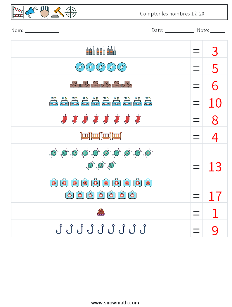 Compter les nombres 1 à 20 Fiches d'Exercices de Mathématiques 16 Question, Réponse