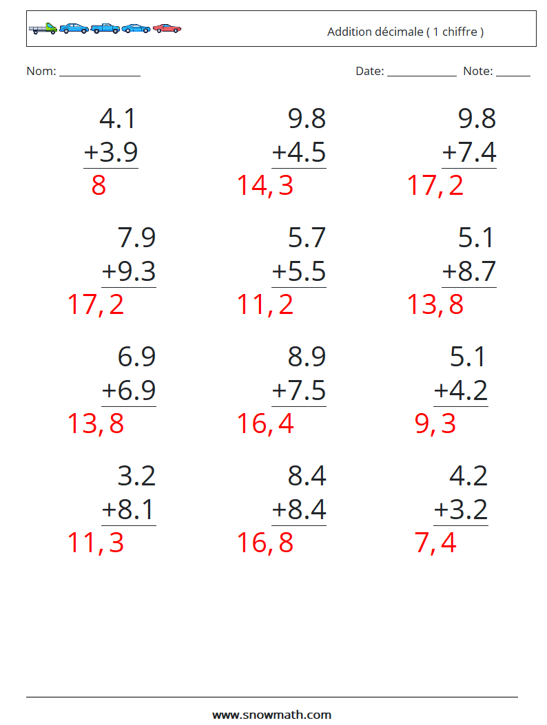 (12) Addition décimale ( 1 chiffre ) Fiches d'Exercices de Mathématiques 12 Question, Réponse