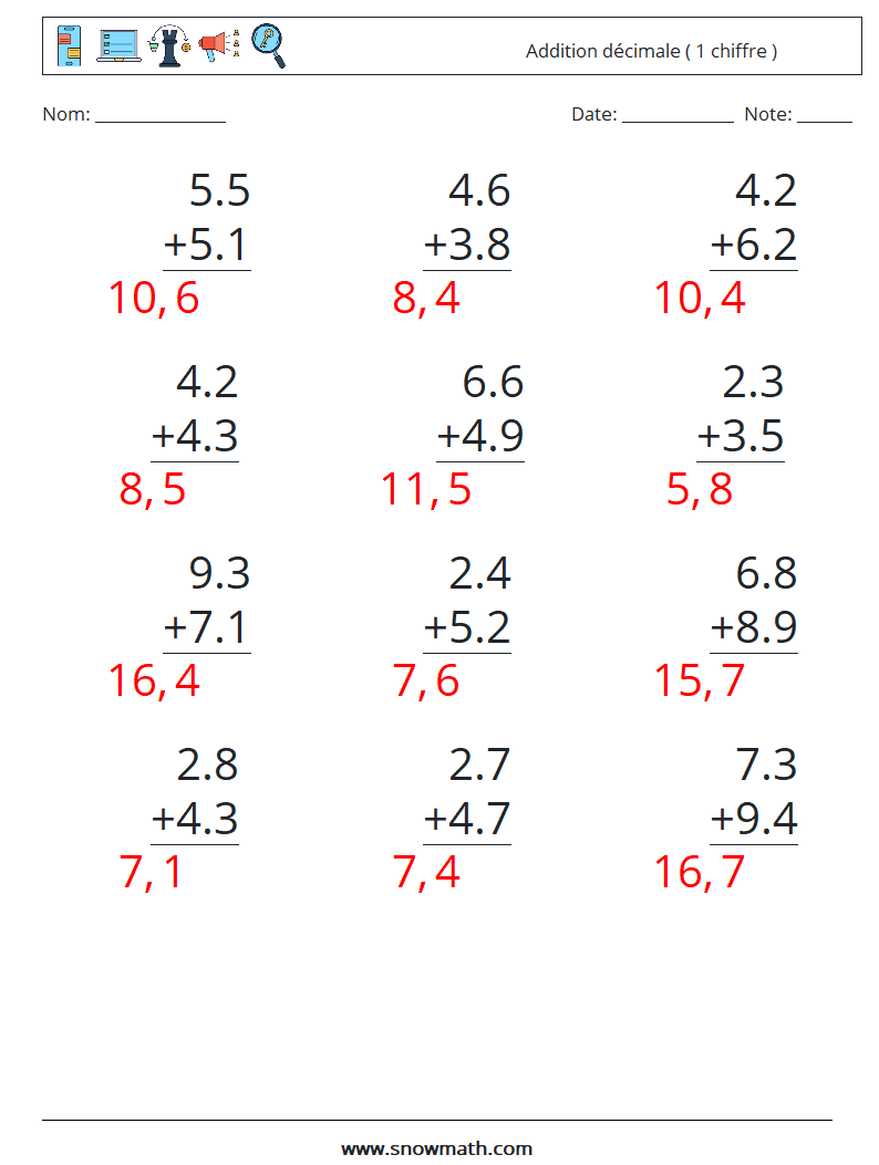 (12) Addition décimale ( 1 chiffre ) Fiches d'Exercices de Mathématiques 15 Question, Réponse