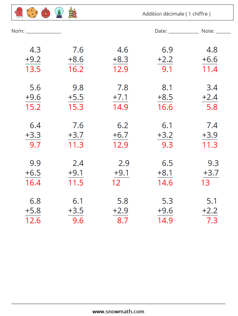 (25) Addition décimale ( 1 chiffre ) Fiches d'Exercices de Mathématiques 10 Question, Réponse