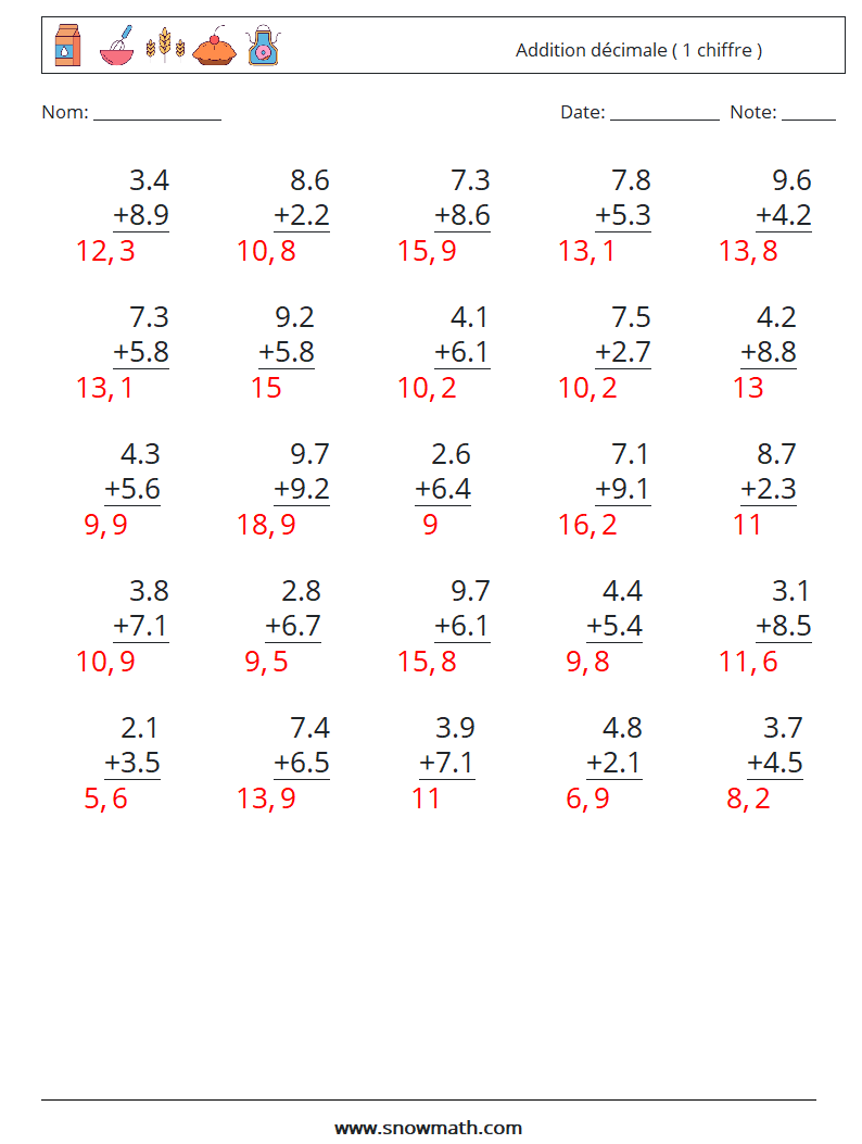 (25) Addition décimale ( 1 chiffre ) Fiches d'Exercices de Mathématiques 11 Question, Réponse