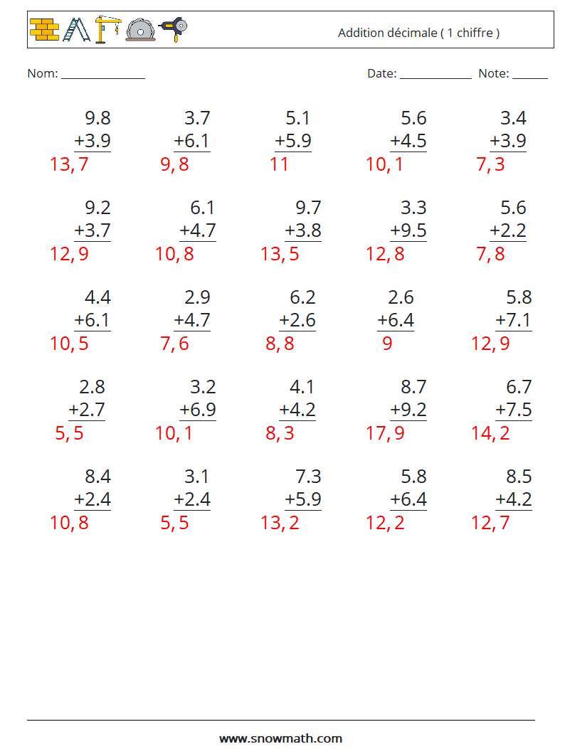 (25) Addition décimale ( 1 chiffre ) Fiches d'Exercices de Mathématiques 12 Question, Réponse