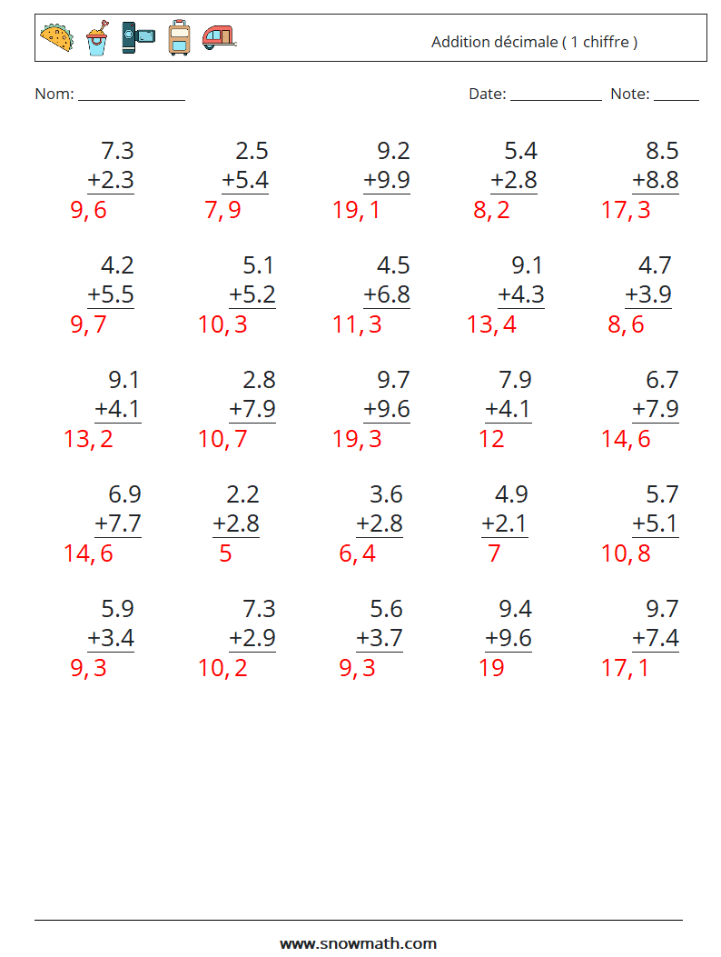 (25) Addition décimale ( 1 chiffre ) Fiches d'Exercices de Mathématiques 13 Question, Réponse