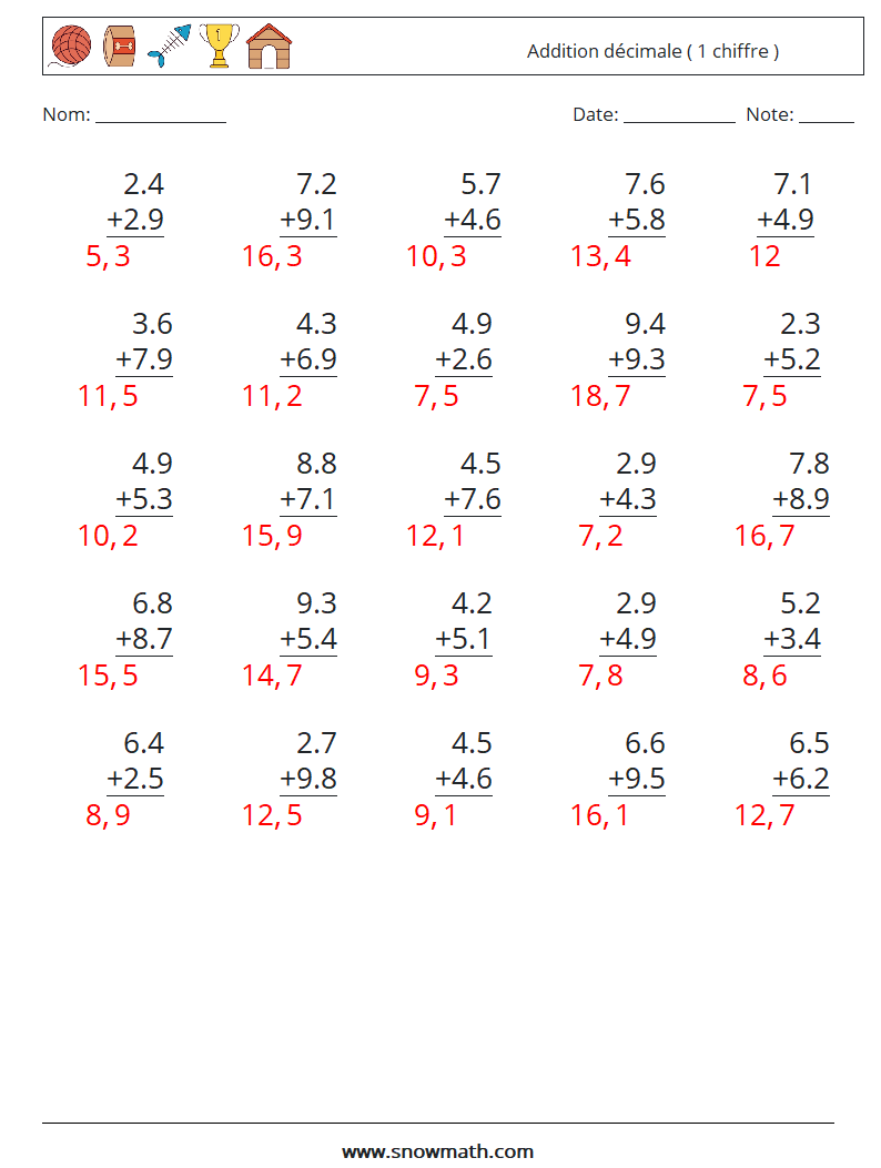 (25) Addition décimale ( 1 chiffre ) Fiches d'Exercices de Mathématiques 14 Question, Réponse