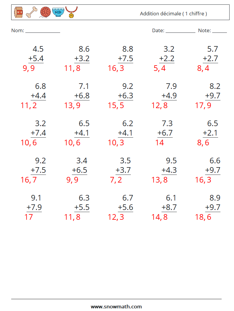 (25) Addition décimale ( 1 chiffre ) Fiches d'Exercices de Mathématiques 18 Question, Réponse